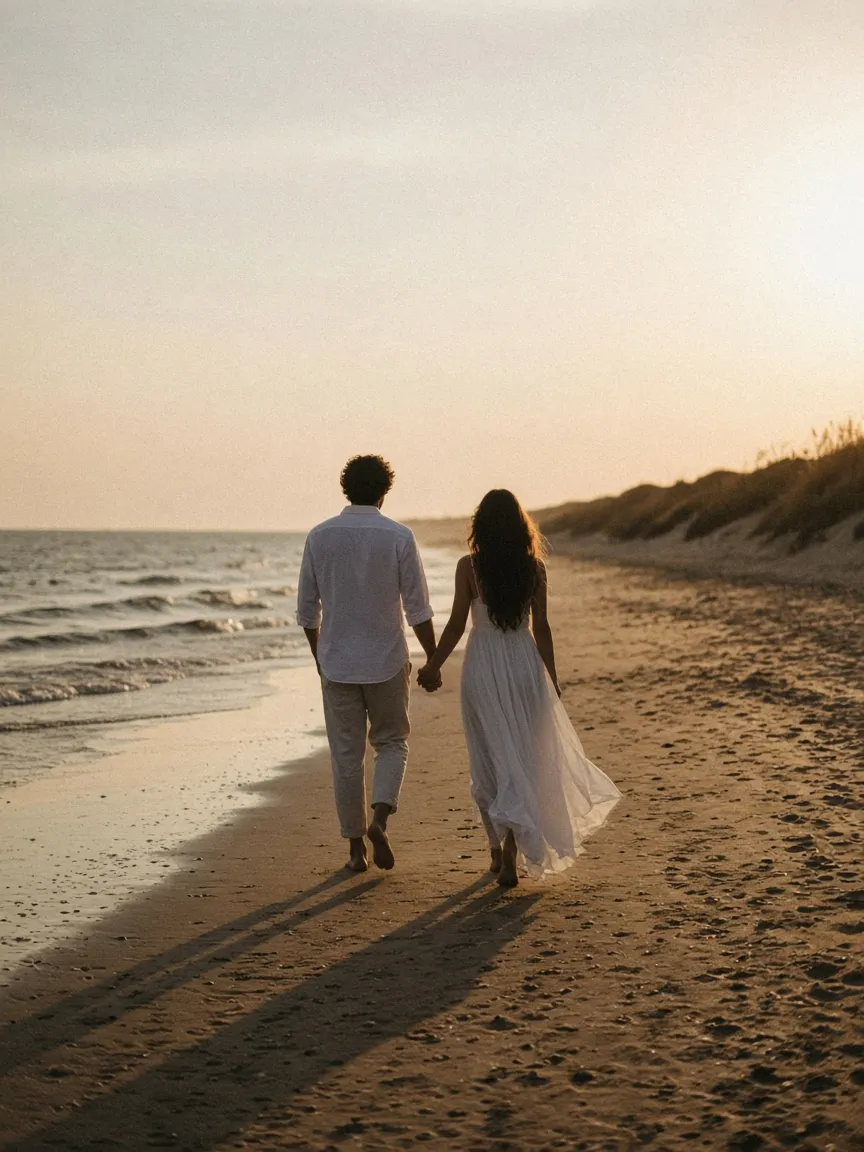 A couple walking hand in hand along a beach at golden hour