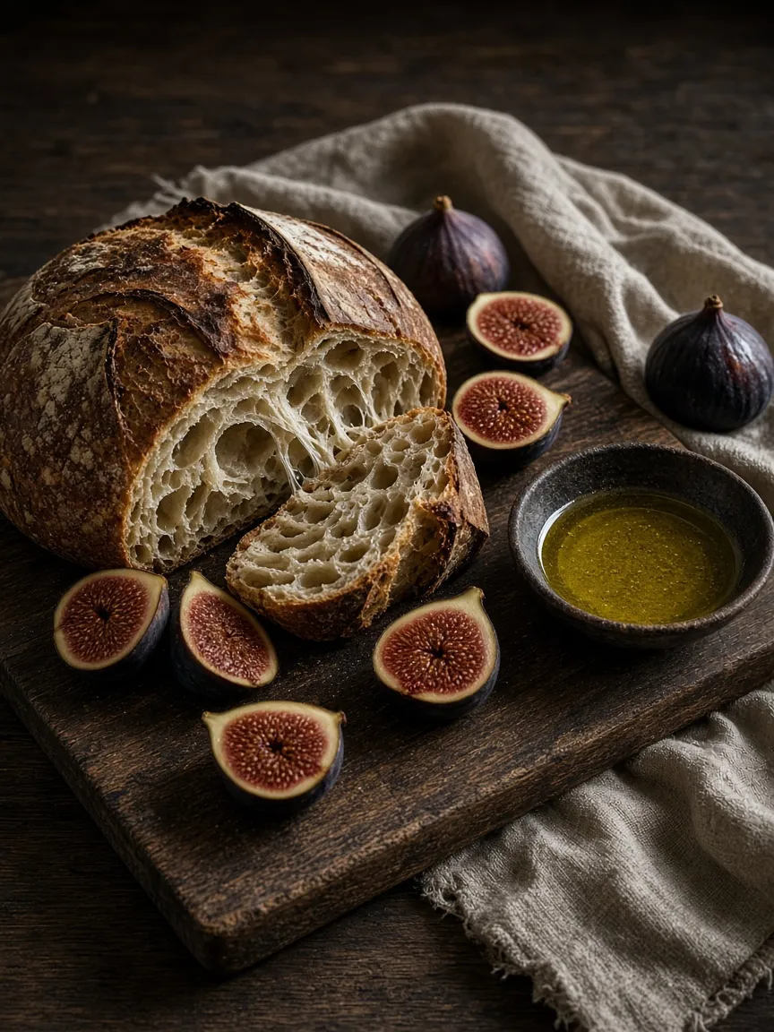 Rustic sourdough loaf with halved figs and olive oil on a dark board