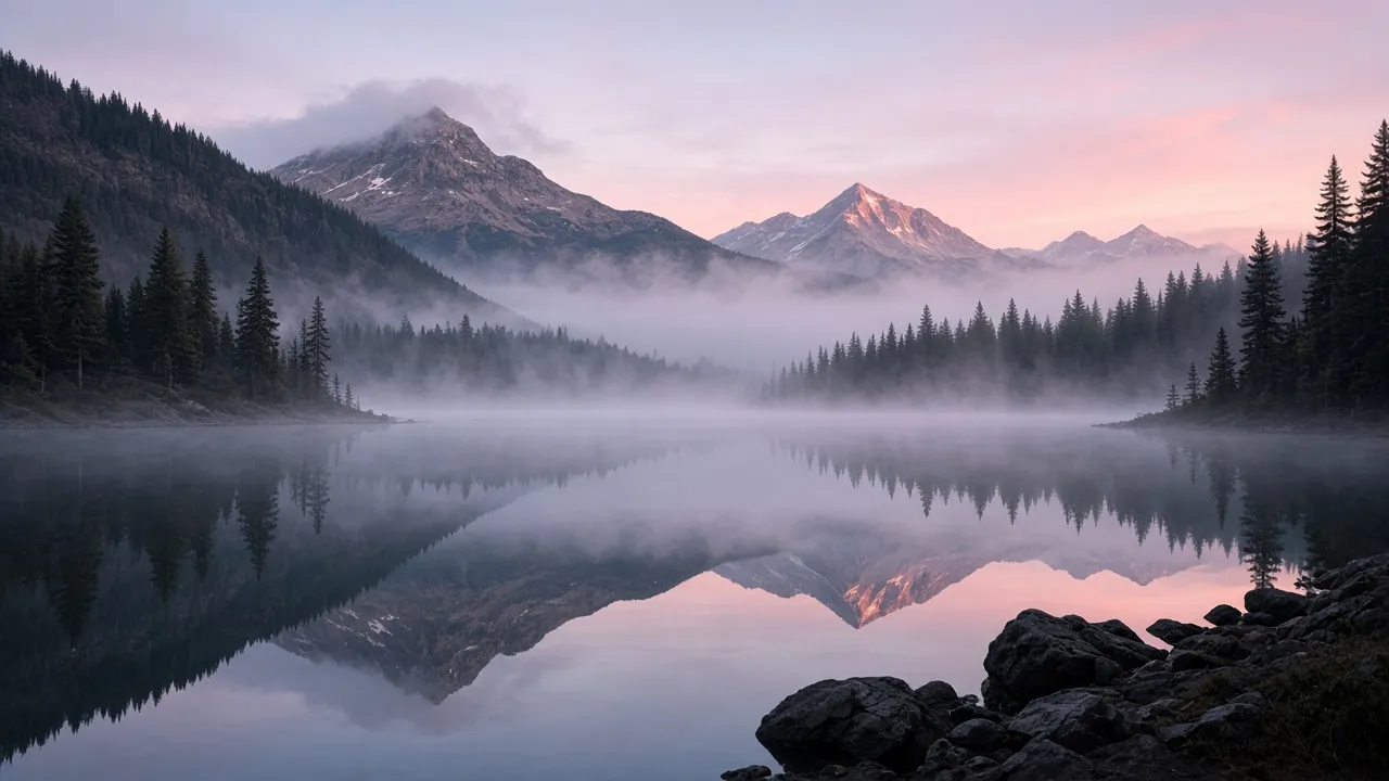 Mountain lake in morning fog