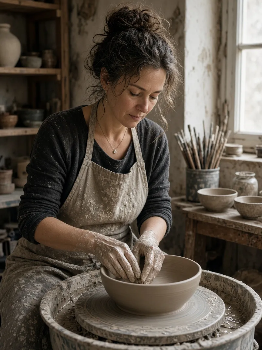 Ceramic artist shaping a bowl on a pottery wheel in her studio