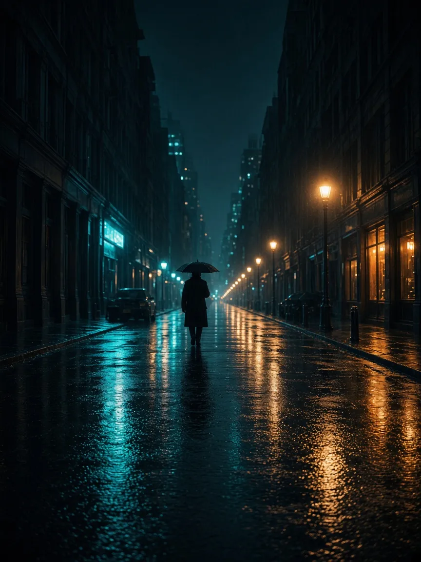 Lone figure with an umbrella on a rain-soaked city street at night